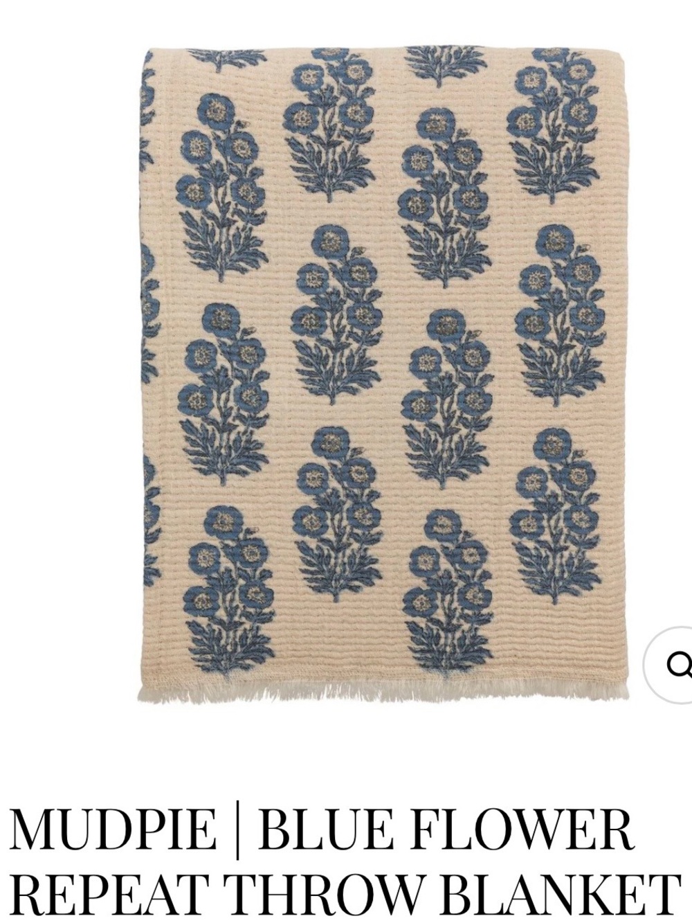NWT!   Mud Pie Blue Flower Repeat Throw Blanket.   New in the package